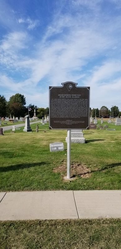 The Union Miners Cemetery at Mt. Olive, Illinois Marker in front of the Cemetery image. Click for full size.