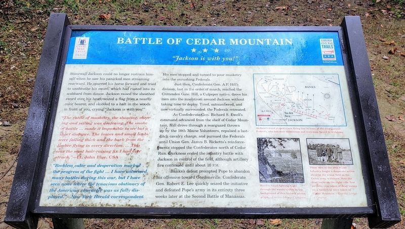 Battle of Cedar Mountain Marker. Click for full size. Battle of Cedar Mountain Marker image. Click for full size.