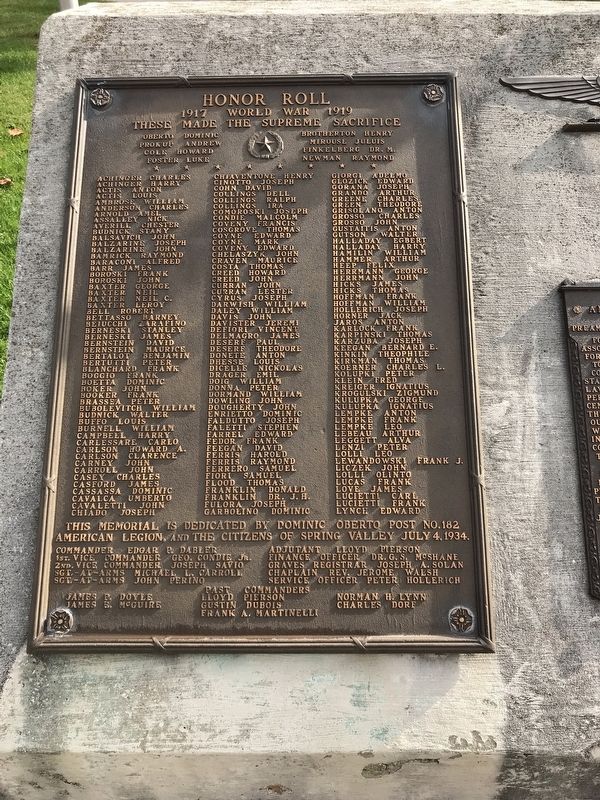 World War I Memorial detail (left plaque) image. Click for full size.