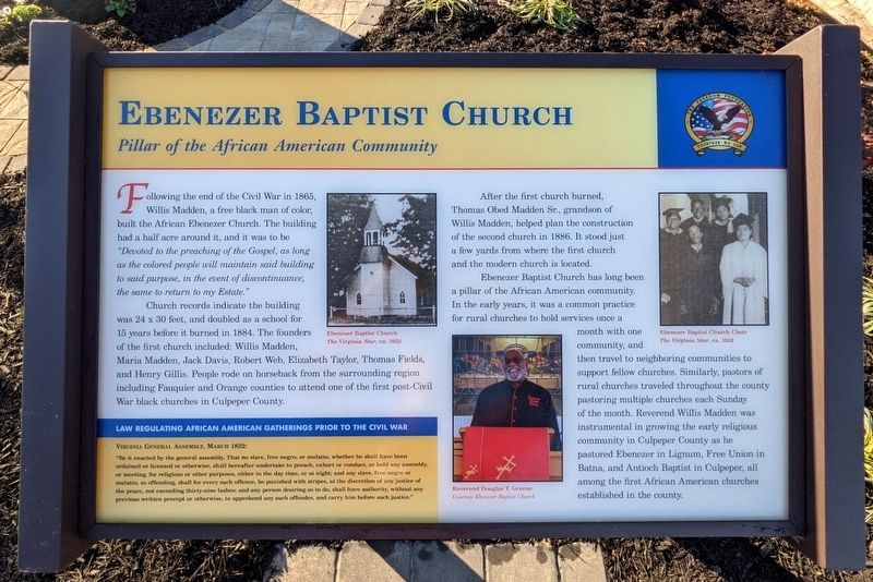 Ebenezer Baptist Church Marker image. Click for full size.