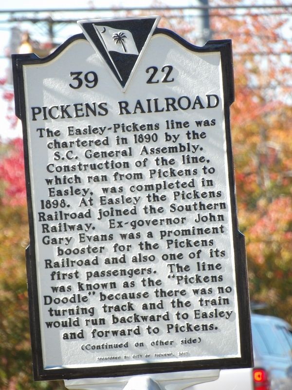 Pickens Railroad Marker (side A) image. Click for full size.