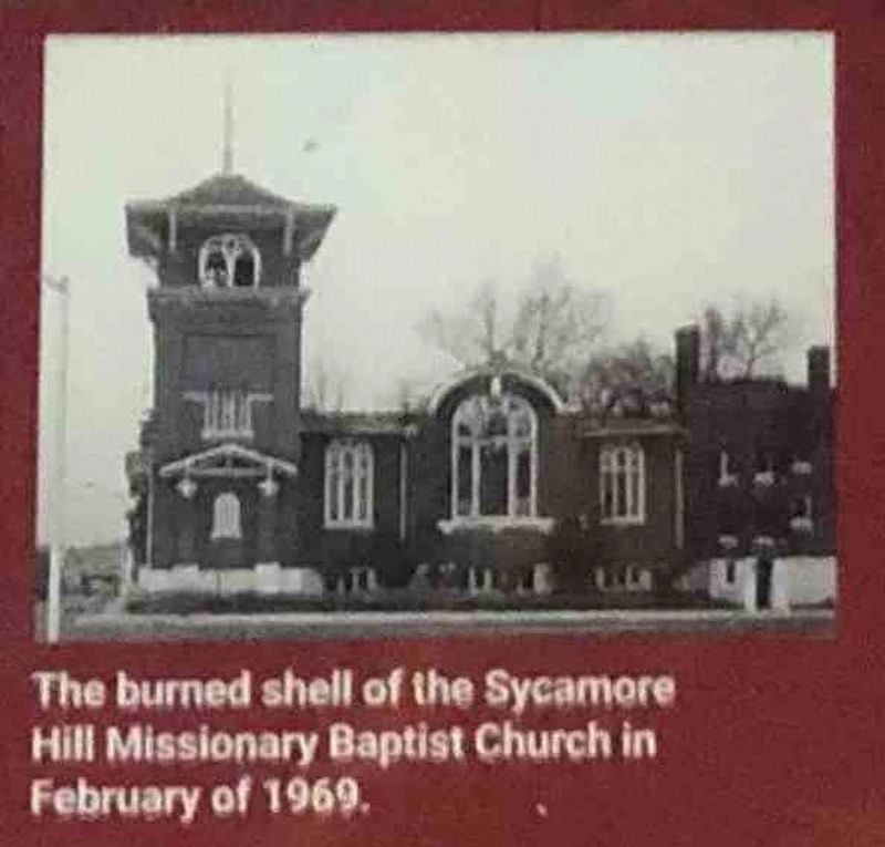 The burned shell of the Sycamore Hill Missionary Baptist Church in February of 1969 image. Click for full size.
