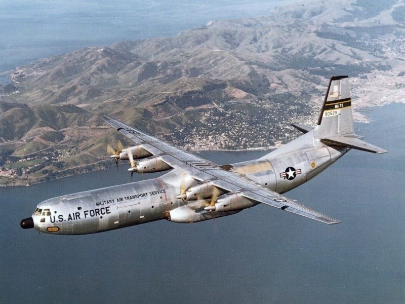 A U.S. Air Force Douglas C-133B-DL Cargomaster in flight image. Click for full size.