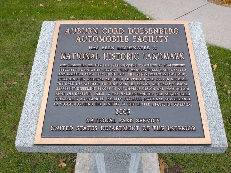 Auburn Cord Duesenberg Automobile Facility Marker. Click for full size. Auburn Cord Duesenberg Automobile Facility Marker image. Click for full size.