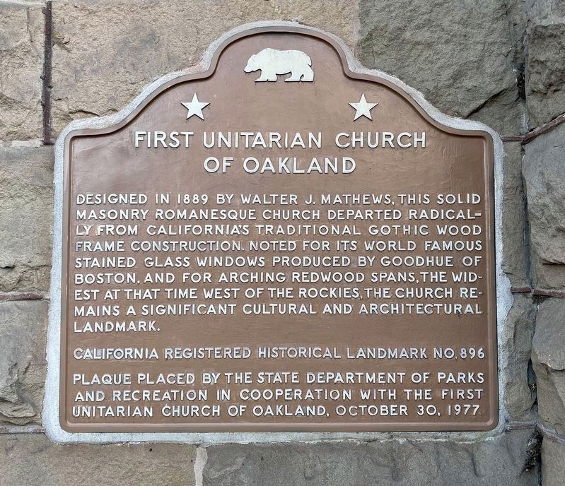 First Unitarian Church of Oakland Marker. Click for full size. First Unitarian Church of Oakland Marker image. Click for full size.