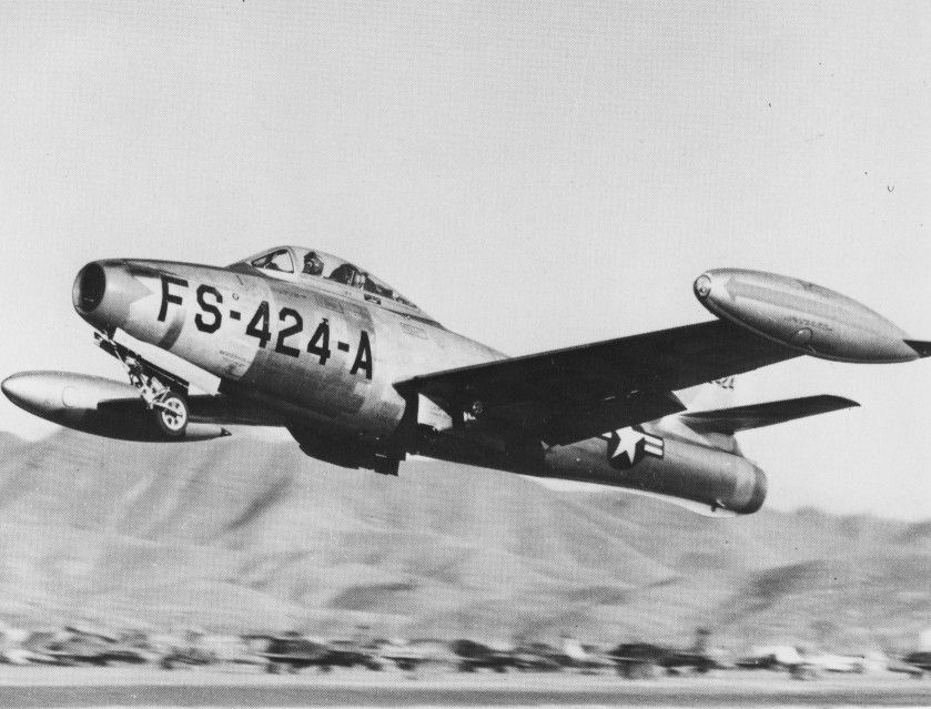 Republic F-84E Thunderjet taking off in Korea. Click for full size. Republic F-84E Thunderjet taking off in Korea image. Click for full size.