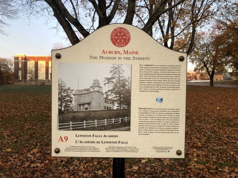 Lewiston Falls Academy / L'Académie de Lewiston Falls Marker. Click for full size. Lewiston Falls Academy / L'Académie de Lewiston Falls Marker image. Click for full size.