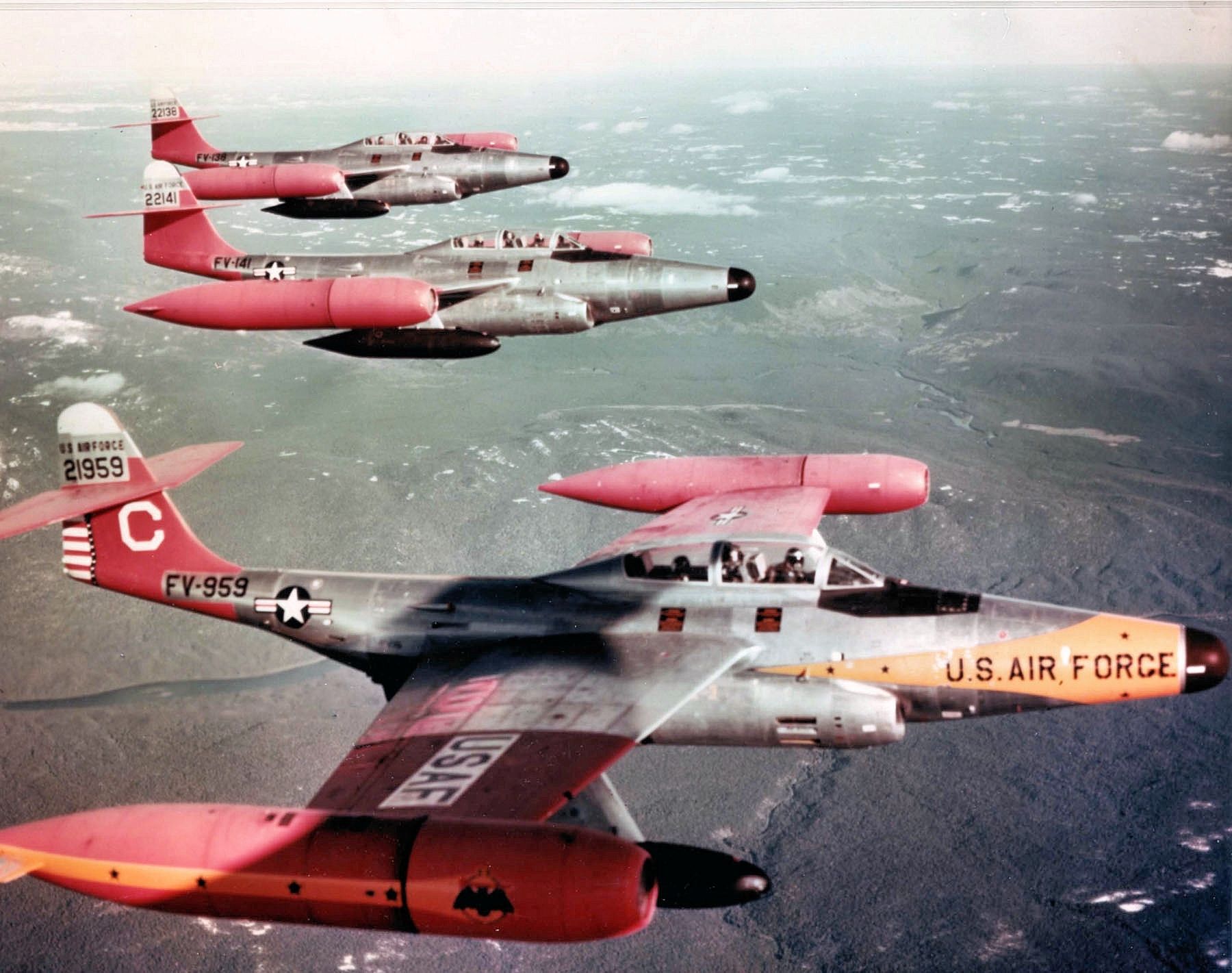Northrop F-89J in flight with squadron image. Click for full size.