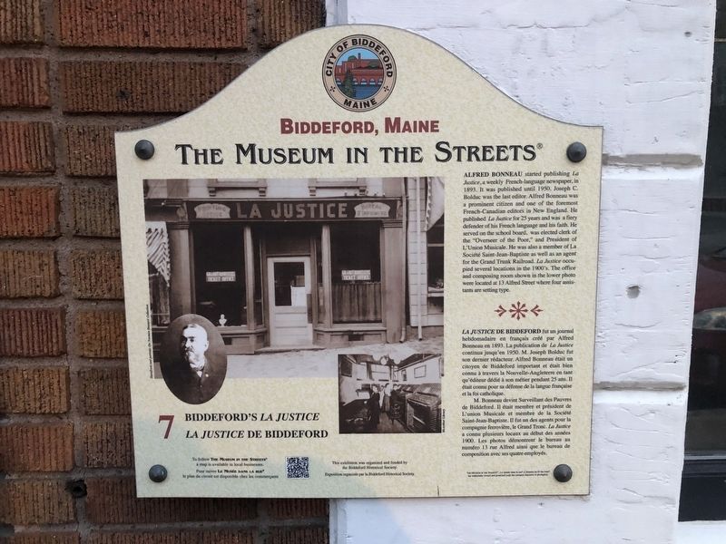 Biddeford's <i>La Justice</i> / <i>La Justice</i> de Biddeford Marker. Click for full size. Biddeford's <i>La Justice</i> / <i>La Justice</i> de Biddeford Marker image. Click for full size.