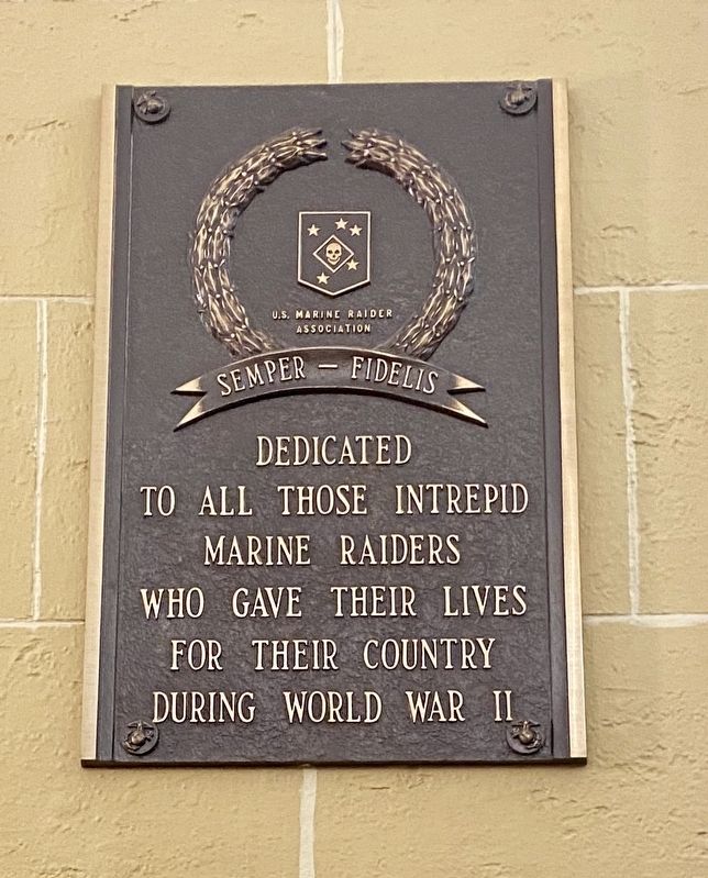 Lobby interior: Marine Raider WWII Memorial plaque. Click for full size. Lobby interior: Marine Raider WWII Memorial plaque image. Click for full size.