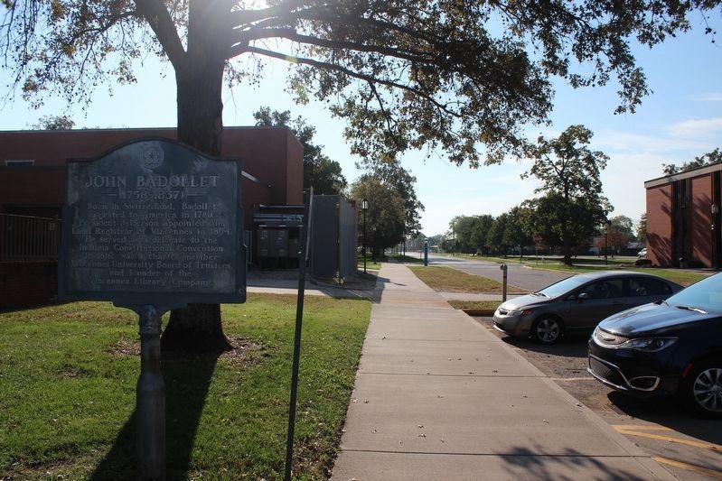 John Badollet Marker looking south at the end of College Avenue. Click for full size. John Badollet Marker looking south at the end of College Avenue image. Click for full size.
