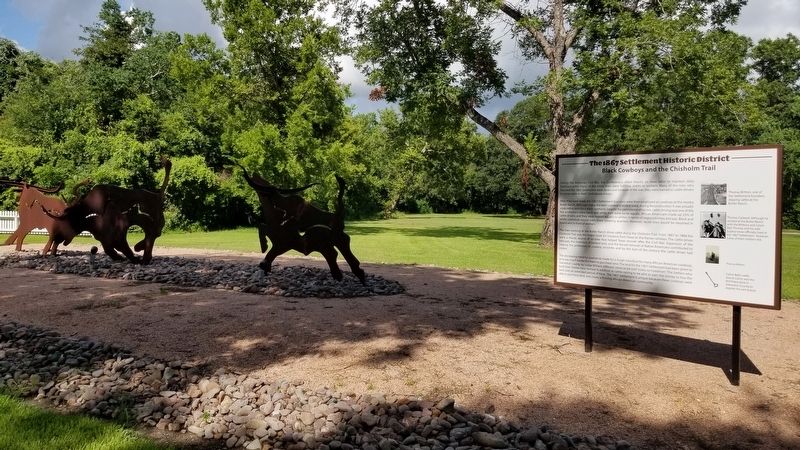 The 1867 Settlement Historic District Marker with cattle artwork image. Click for full size.