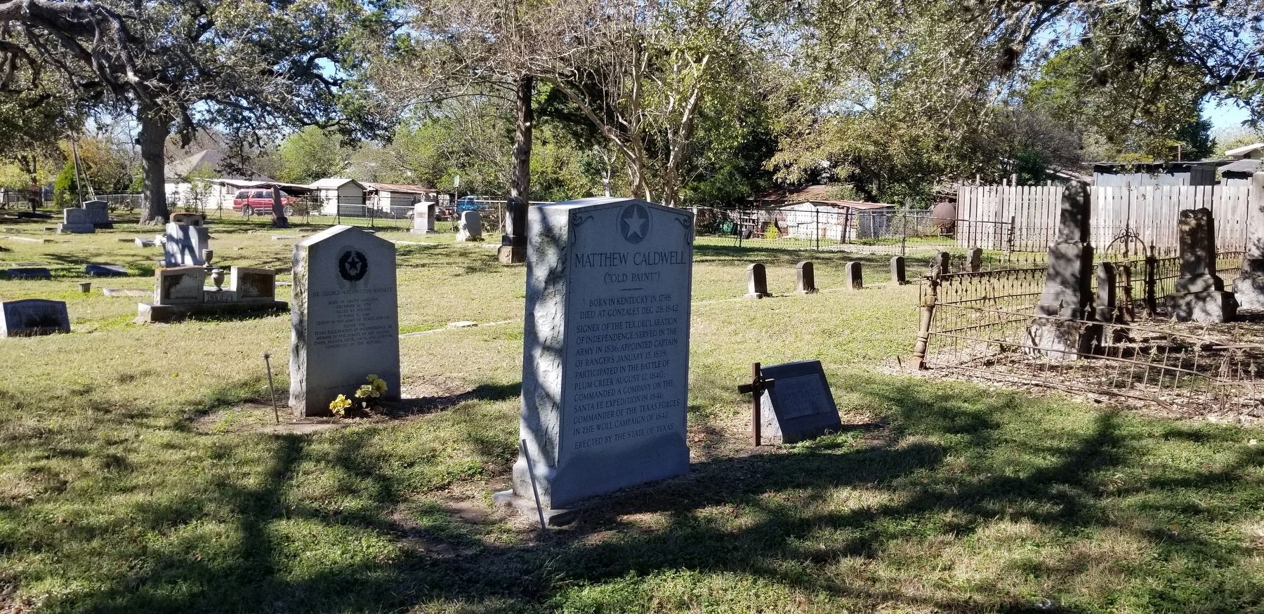 The view of the Matthew Caldwell Marker in the cemetery image. Click for full size.
