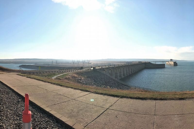 Fort Randall Dam from the east, Intake on the right image. Click for full size.