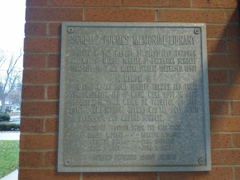 Schultz-Holmes Memorial Library Marker. Click for full size. Schultz-Holmes Memorial Library Marker image. Click for full size.