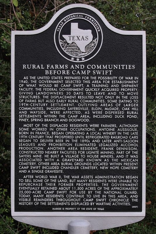 Rural Farms and Communities Before Camp Swift Marker. Click for full size. Rural Farms and Communities Before Camp Swift Marker image. Click for full size.