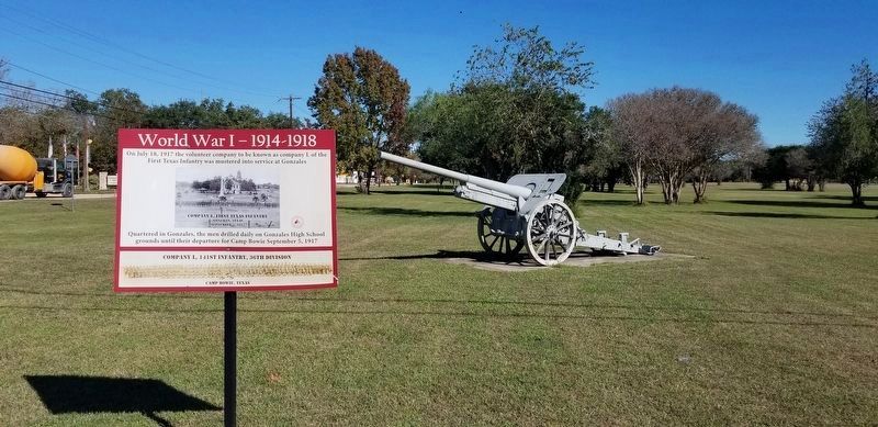The Company L, First Texas Infantry Marker in front of the captured German cannon image. Click for full size.