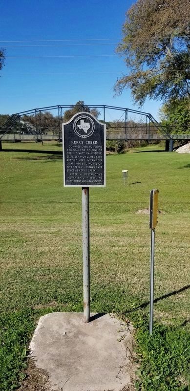 The Kerr's Creek Marker in front of the historic Oak Forest Bridge image. Click for full size.
