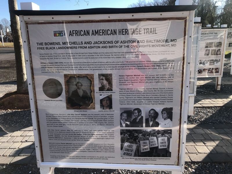 The Bowens, Mitchells and Jacksons of Ashton and Baltimore, MD side of the marker. Click for full size. The Bowens, Mitchells and Jacksons of Ashton and Baltimore, MD side of the marker image. Click for full size.
