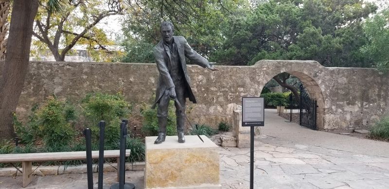 The William Barret Travis statue and Marker at the Alamo grounds image. Click for full size.