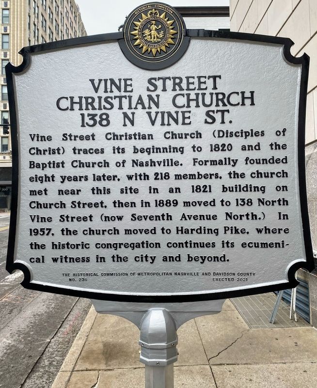 Vine Street Christian Church Marker Front image. Click for full size.