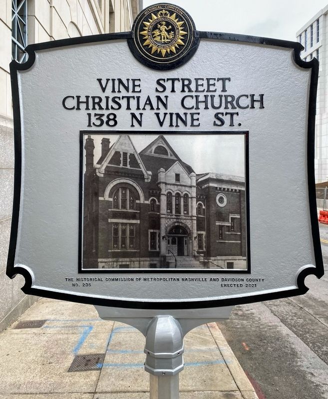 Vine Street Christian Church Marker Rear image. Click for full size.