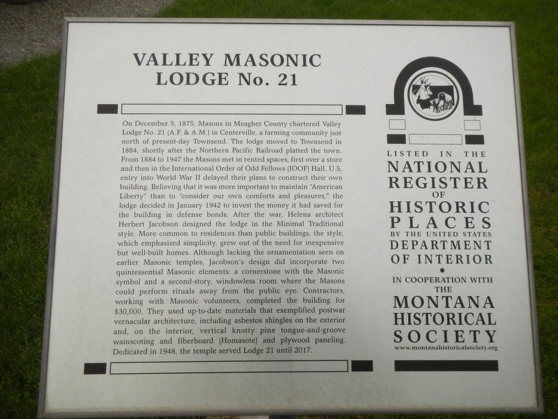 Valley Masonic Lodge No. 21 Marker image. Click for full size.
