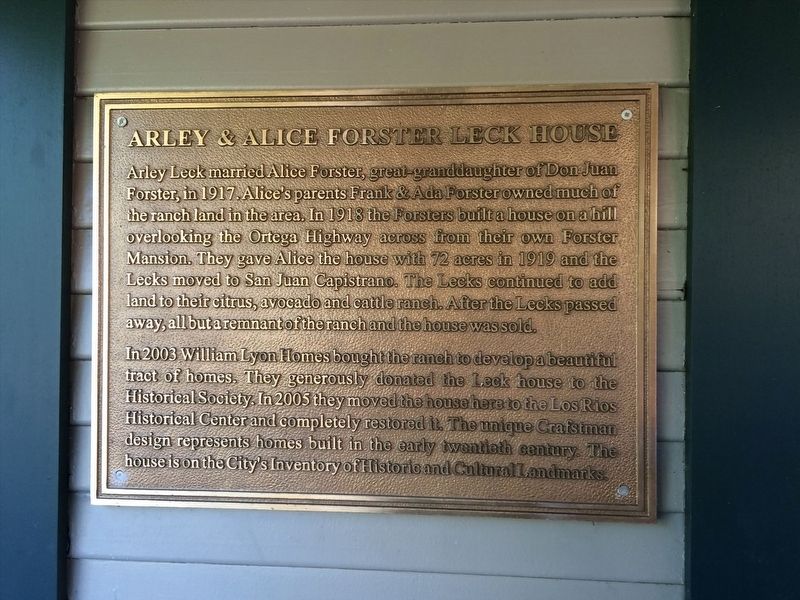 Arley & Alice Forster Leck House Marker image. Click for full size.