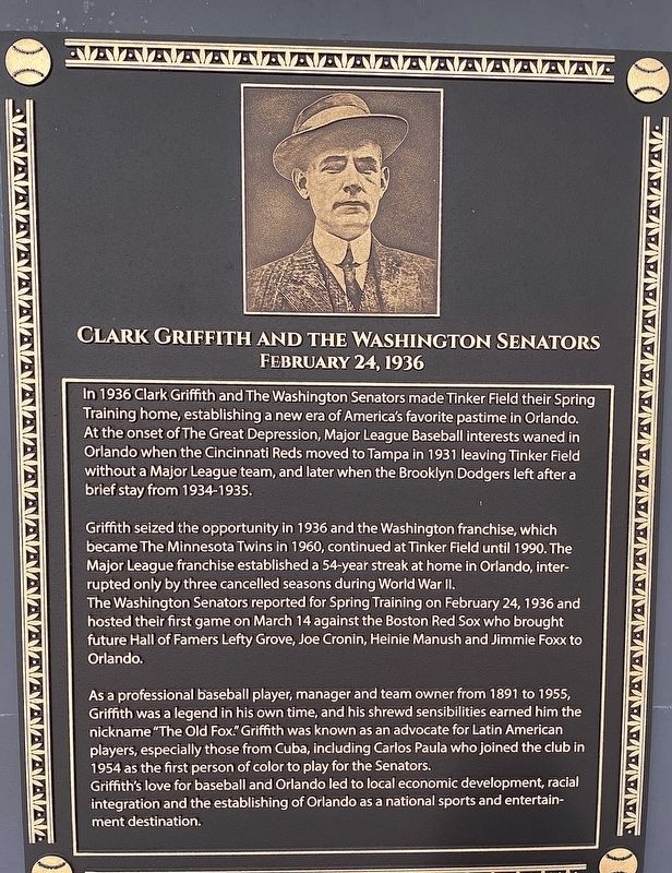 Clark Griffith and the Washington Senators Marker image. Click for full size.