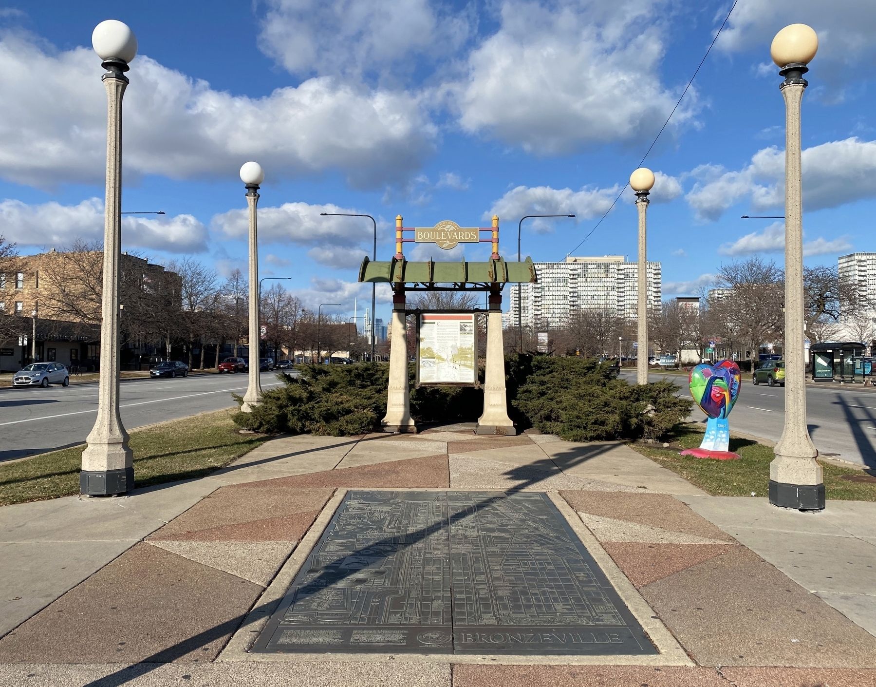 The Boulevard System Marker - wide view, looking north on South Martin Luther King Jr. Drive image, Touch for more information