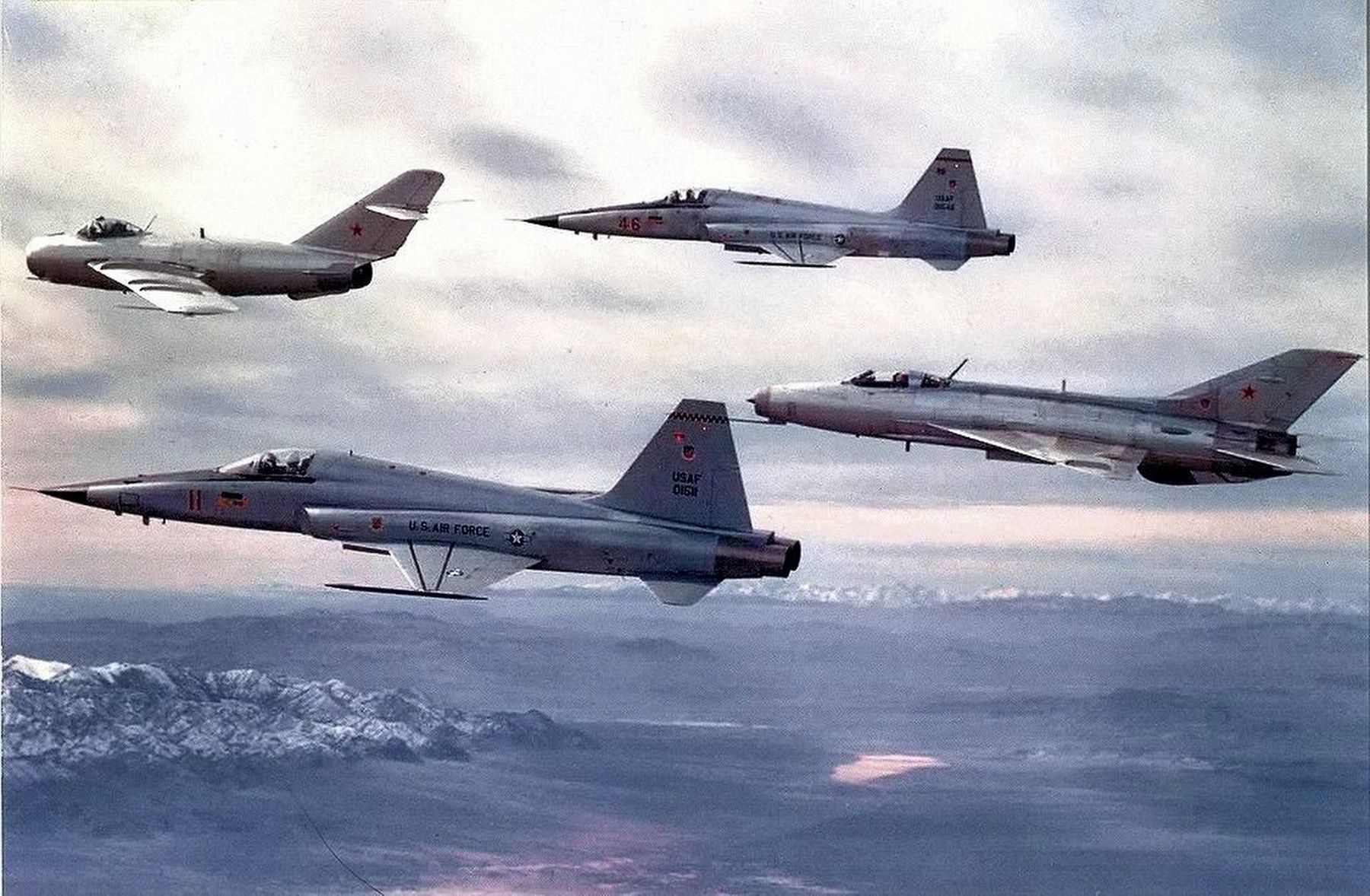 USAF F-5Es flying with a Soviet MiG-17 and MiG-21 of the 4477th Tactical Evaluation Squadron image. Click for full size.