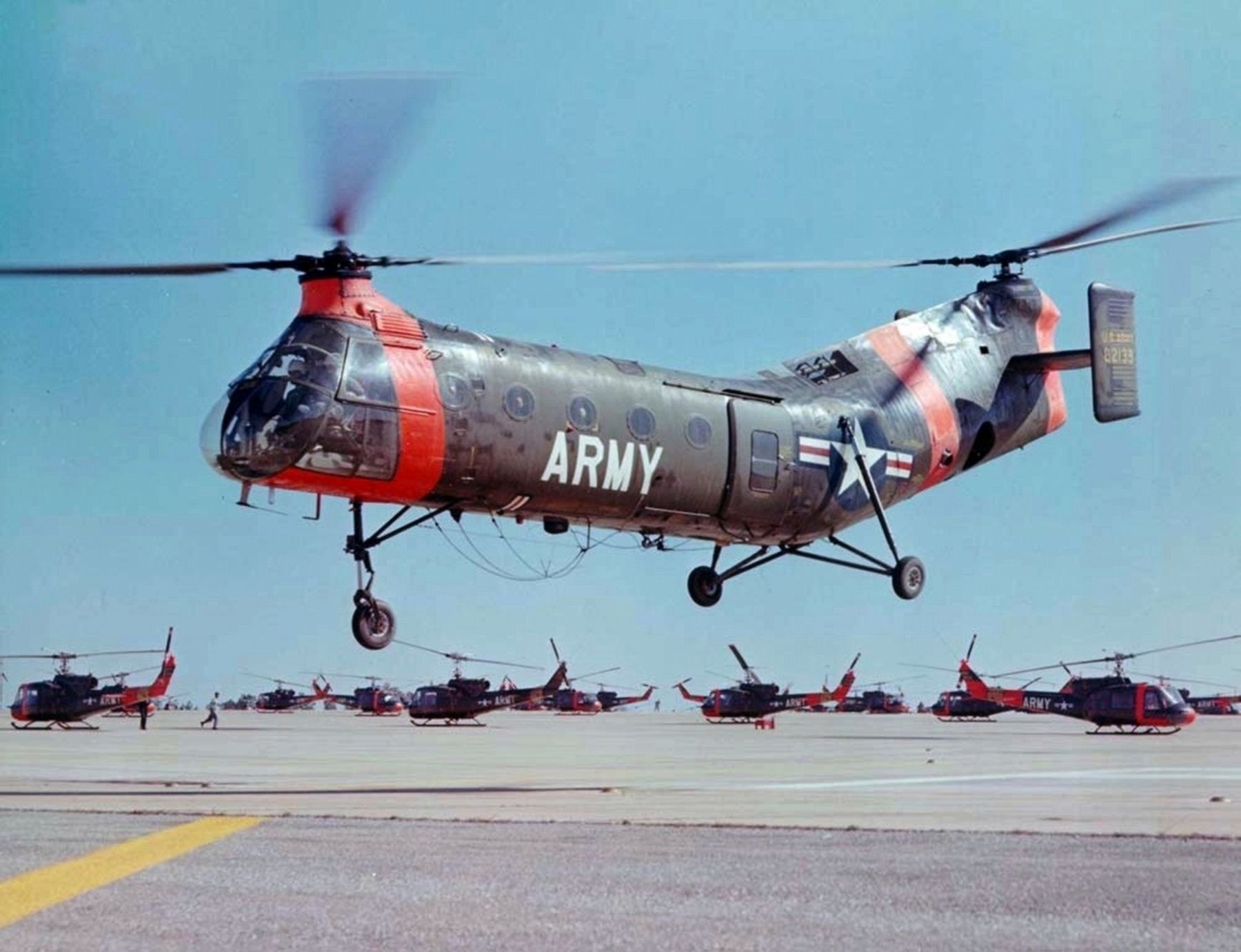A U.S. Army Vertol CH-21C Shawnee (s/n 56-2133) in flight image. Click for full size.