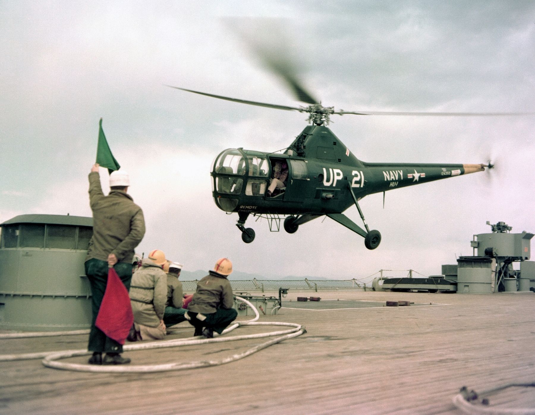 Sikorsky HO3S-1 of HU-1 takes off from USS New Jersey (BB-62) off Korea image. Click for full size.