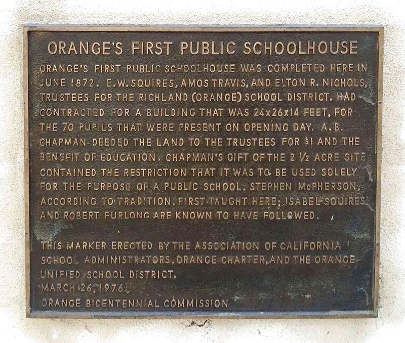 Orange's First Public Schoohouse Marker image. Click for full size.