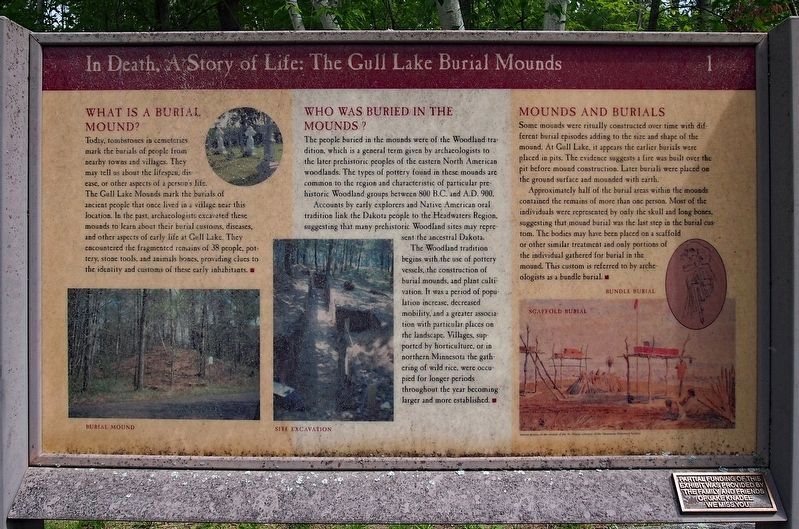 In Death, a Story of Life: The Gull Lake Burial Mounds Marker. Click for full size. In Death, a Story of Life: The Gull Lake Burial Mounds Marker image. Click for full size.