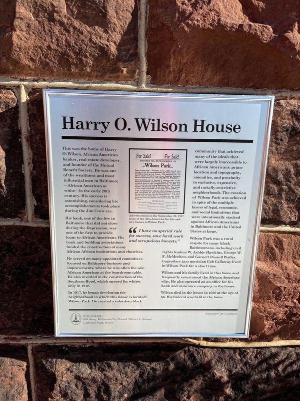 Harry O. Wilson House Marker. Click for full size. Harry O. Wilson House Marker image. Click for full size.