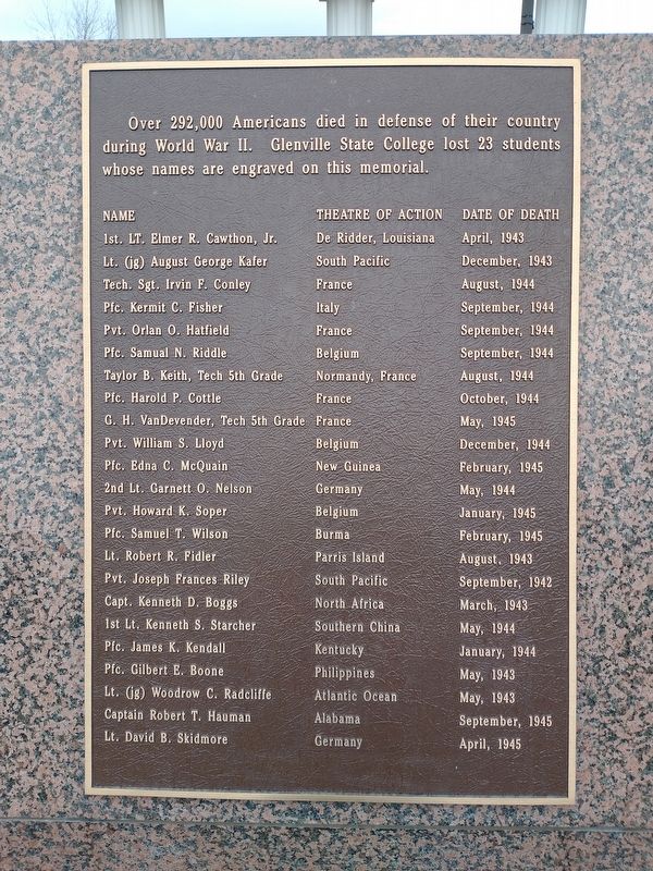 Glenville State College World War II Veterans Memorial. Click for full size. Glenville State College World War II Veterans Memorial image. Click for full size.