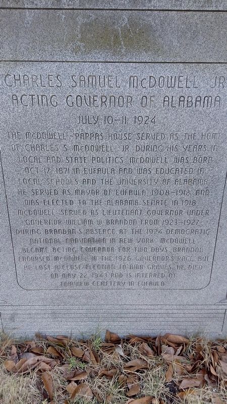 Charles Samuel McDowell, Jr Acting Governor of Alabama July 10-11 1924 Marker image. Click for full size.
