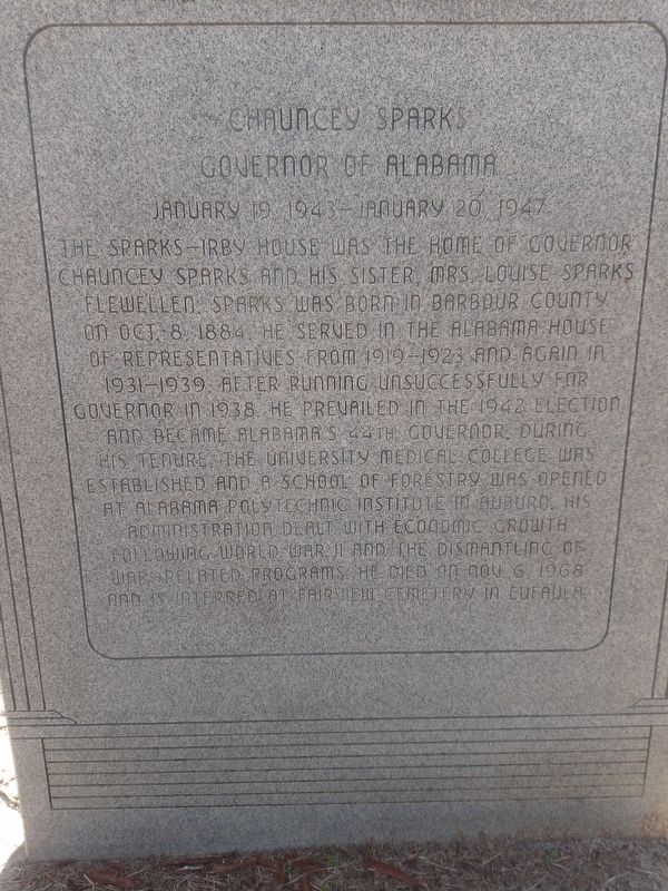 Chauncey Sparks Governor of Alabama January 19, 1943- January 20,1947 Marker image. Click for full size.
