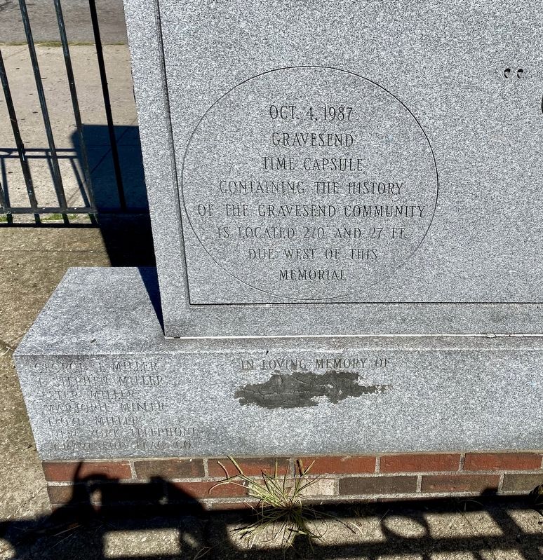 Gravesend Marker - time capsule inscription. Click for full size. Gravesend Marker - time capsule inscription image. Click for full size.