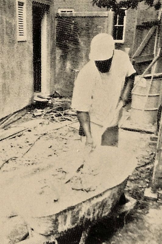 Marker detail: Mixing tabby for the restoration of the carriage house, August 1995 image. Click for full size.