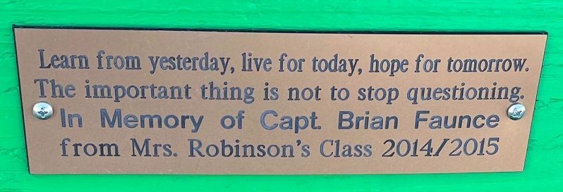 Dedication plaque on the bench right of the memorial. Click for full size. Dedication plaque on the bench right of the memorial image. Click for full size.