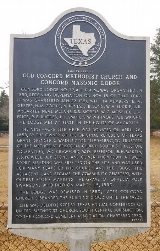 Former Site of Old Concord Methodist Church and Concord Masonic Lodge Marker. Click for full size. Former Site of Old Concord Methodist Church and Concord Masonic Lodge Marker image. Click for full size.