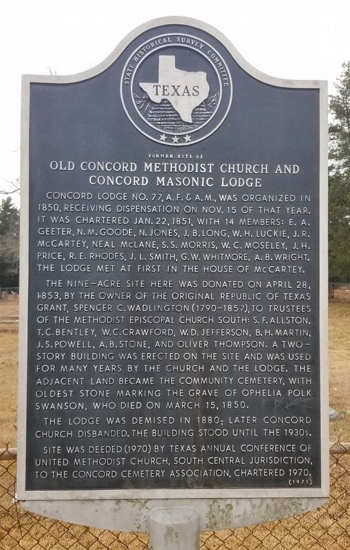 Former Site of Old Concord Methodist Church and Concord Masonic Lodge Marker image. Click for full size.