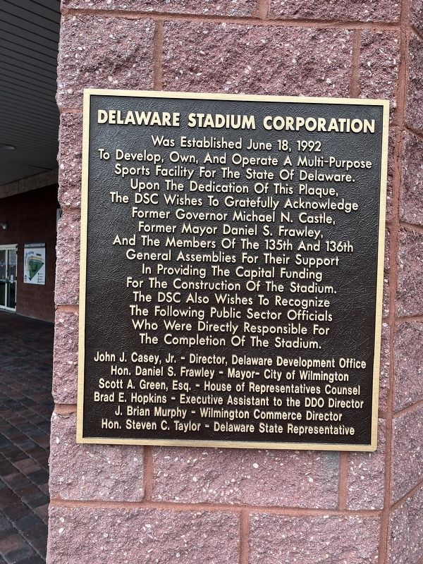 Delaware Stadium Corporation Marker. Click for full size. Delaware Stadium Corporation Marker image. Click for full size.
