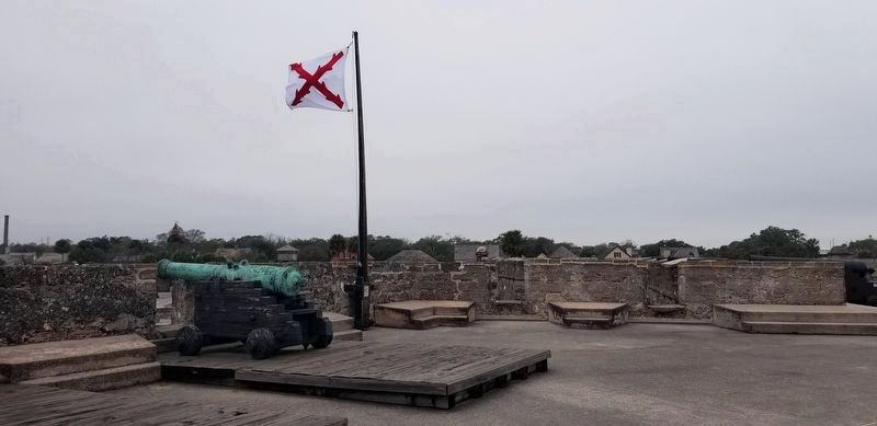 The view of the Cross of Burgundy flag and Marker on the Castillo de San Marcos image. Click for full size.