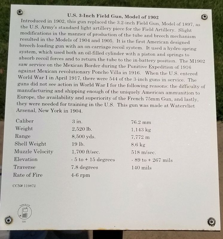 U.S. 3-Inch Field Gun, Model of 1902 Marker. Click for full size. U.S. 3-Inch Field Gun, Model of 1902 Marker image. Click for full size.