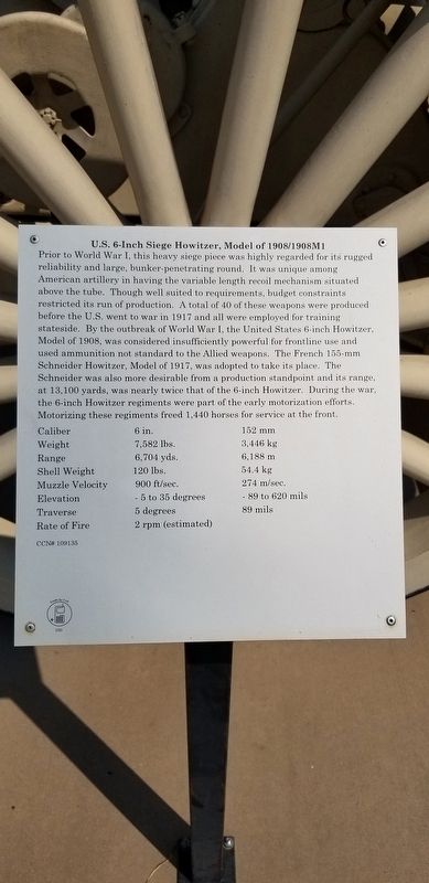 U.S. 6-Inch Siege Howitzer, Model of 1908/1908M1 Marker image. Click for full size.