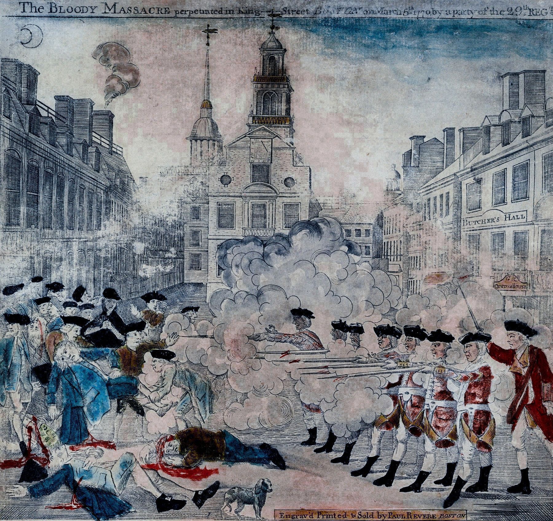 “The Bloody Massacre perpetrated in King-Street Boston on March 5th 1770 by a party of the 29th Reg. image. Click for full size.