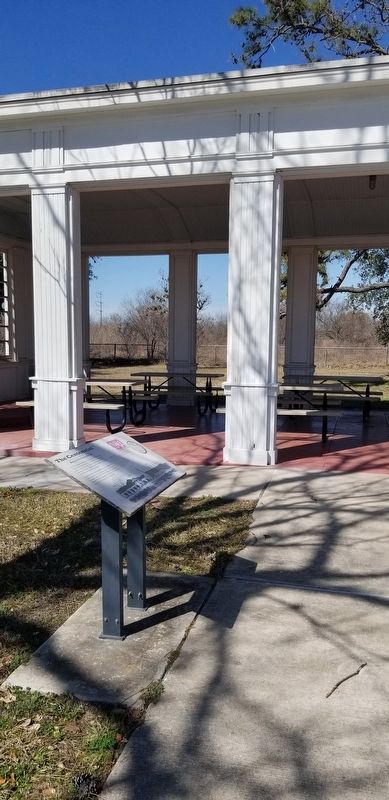 The Centennial Marker in front of the pavilion image. Click for full size.